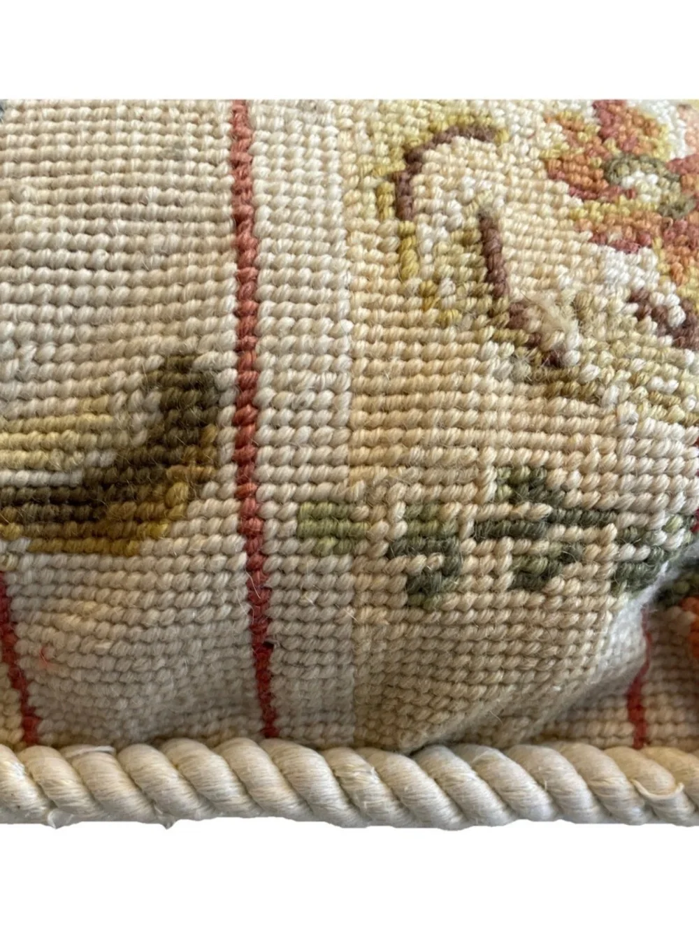 Decorative Floral Needlepoint Throw Pillow in Beige and Blue